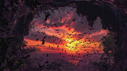 Battambang sunset with a colony of bats streaming out of a cave, sky painted in colors