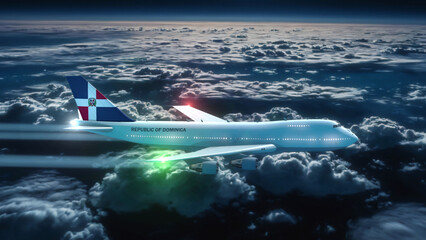 Commercial Airliner Passanger Plane Jumbo Jet Flying at Night over Clouds with Country Flag...