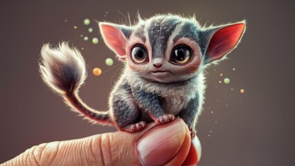 Fototapeta premium A small baby animal sitting on top of a finger, AI