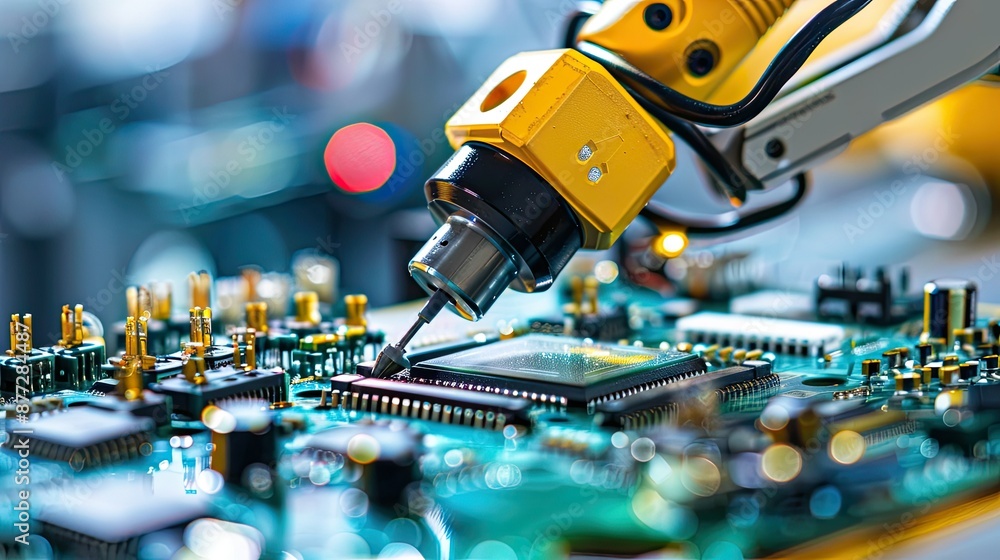 Poster close-up of a robotic arm assembling intricate parts in an electronics factory