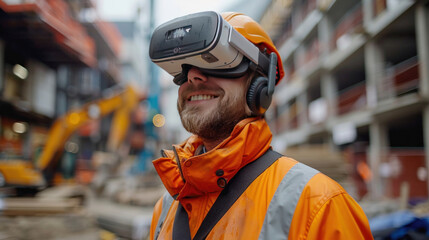 A civil engineer using VR technology to visualize the completed project while standing on the construction site.
