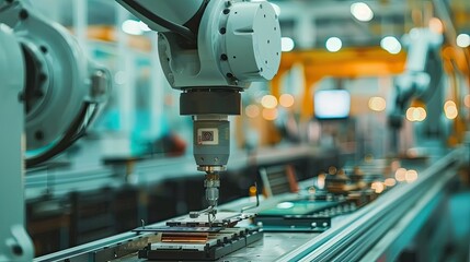 Close-up of a precision robot arm in an electronics manufacturing plant