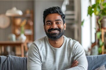 Naklejka premium Portrait of a happy indian man in his 30s wearing a versatile buff while standing against scandinavian-style interior background