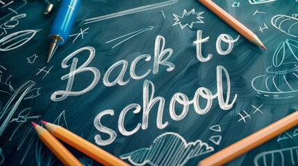 Background illustration of "Back to school" with the inscription "Back to school" on the blackboard.