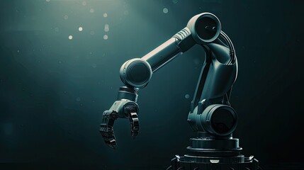 Conceptual model of an industrial robot against dark background, representing innovation