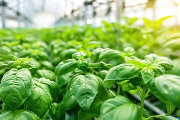 Fresh basil leaves growing in a high-tech greenhouse equipped with hydroponic systems and LED lighting, showcasing vibrant green leaves in a controlled environment, copy space