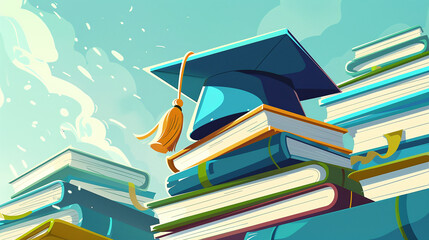 Graduation Cap Resting on Stack of Books in cartoon style