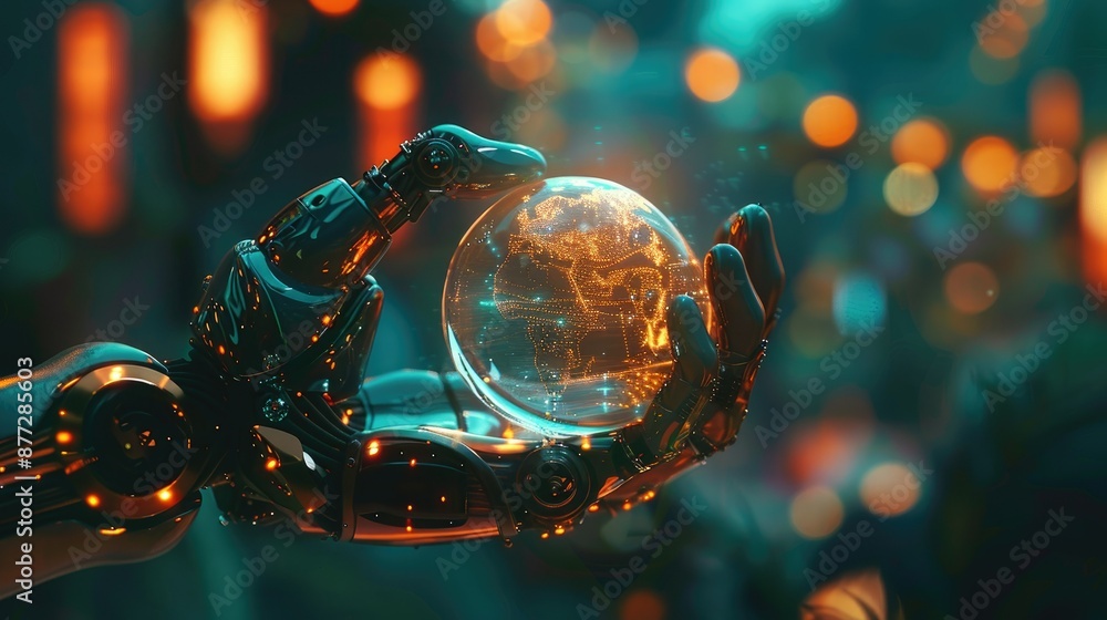 Poster cyborg hand holding a round tech element, symbolizing the future of ai and machine learning, with co