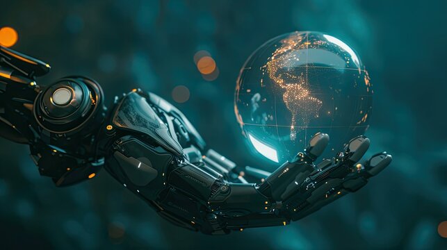 Cyborg hand holding a round technology element, symbolizing AI and digital innovation, with copy space