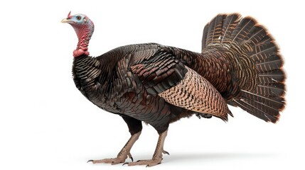 Dark turkey standing on a white background, showcasing its natural beauty
