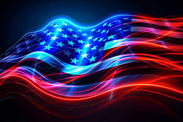 United States of America flag in neon light glowing waving