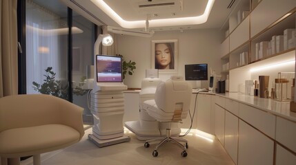 A client receiving an AI-driven beauty analysis, ultra-modern clinic with minimalist design, bright and inviting lighting, emphasizing advanced technology and precision.