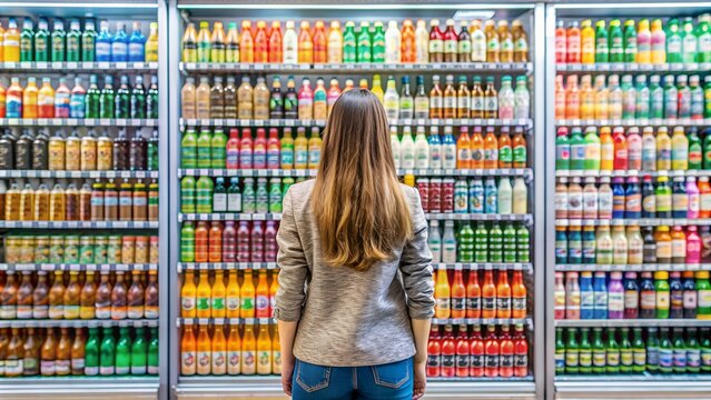 girl looking at the wall of beverages in a convenience store unable to decide what to buy because there are so many choices