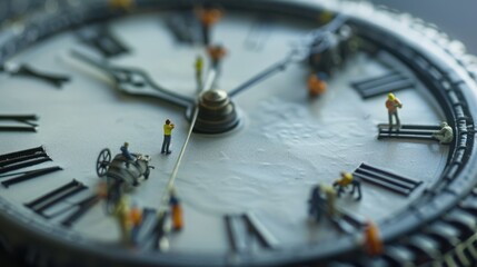 Small workers around a large clock, with a copy space on the clock face or background