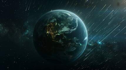 Fototapeta premium A stunning view of Earth from space, encircled by glowing light lines, the blue and green of the planet illuminated against the dark void, light trails forming a network around the