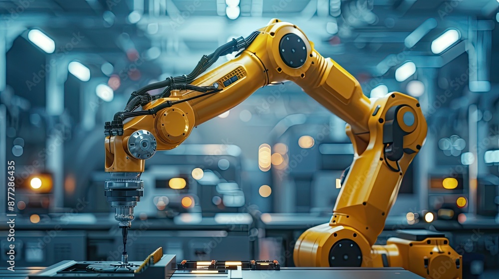 Poster high precision robot arm working on electronic parts in a factory