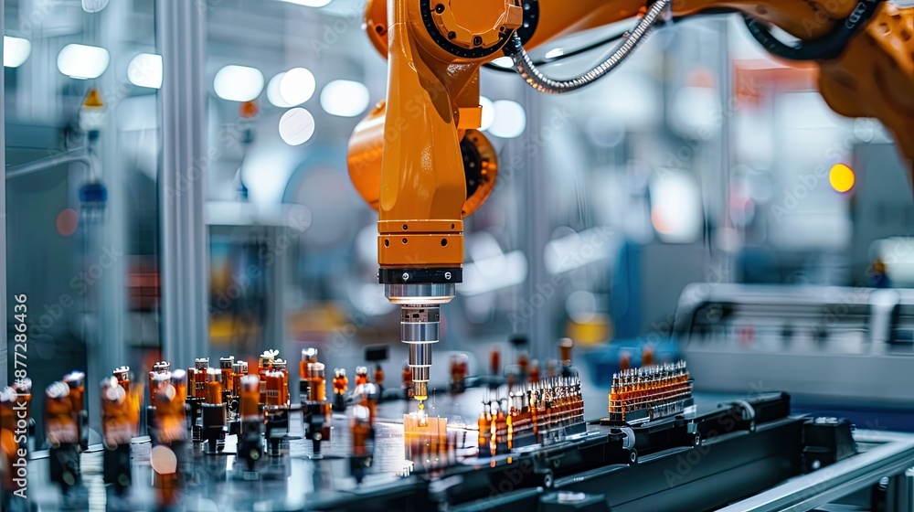 Aufkleber high precision robot arm performing detailed assembly in an electronics factory