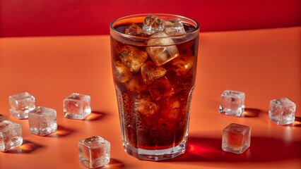 Glass of cola with ice cubes around on the colored background