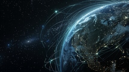 A stunning view of Earth from space, encircled by glowing light lines, the blue and green of the planet illuminated against the dark void, light trails forming a network around the