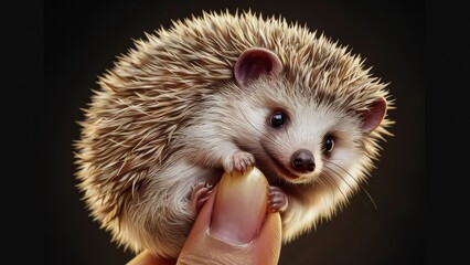 A small hedgehog is sitting on a finger of someone's hand, AI