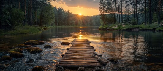 wooden bridge over forest river. Beautiful footpath across the river