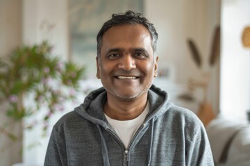 Portrait of a cheerful indian man in his 40s wearing a zip-up fleece hoodie over scandinavian-style interior background