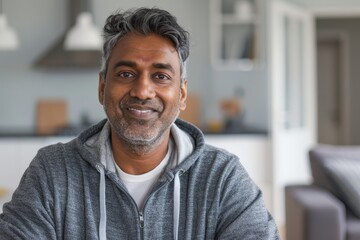 Obraz premium Portrait of a cheerful indian man in his 40s wearing a zip-up fleece hoodie in scandinavian-style interior background