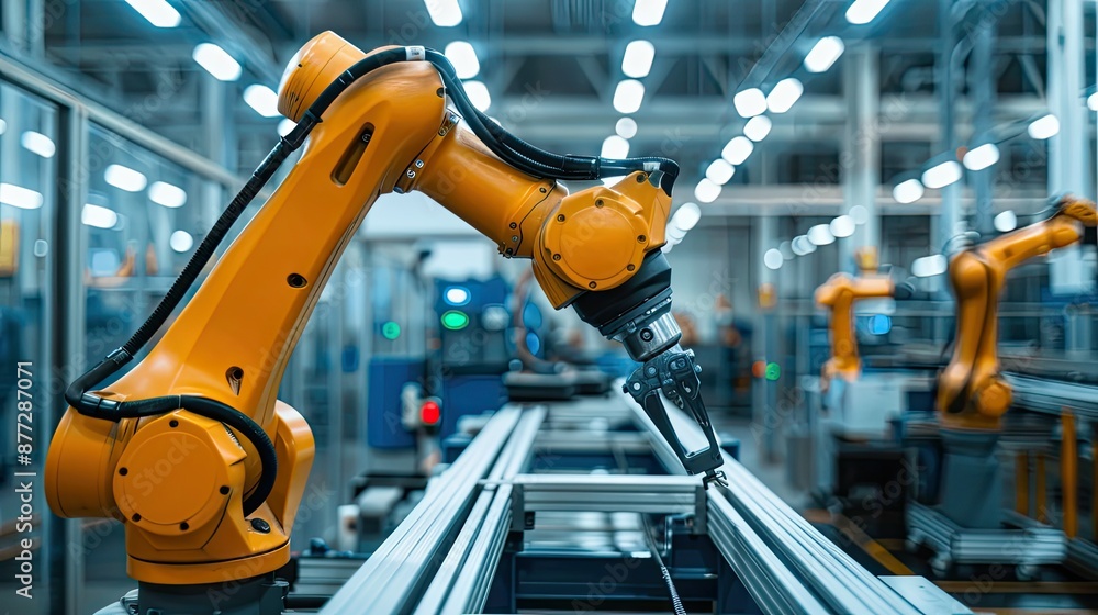 Poster robot arm in an electronics factory, performing intricate assembly with high precision