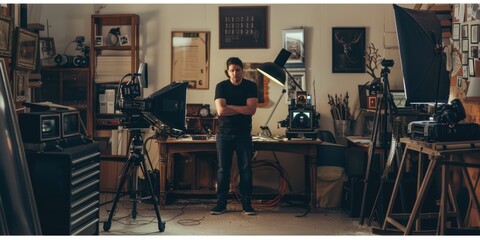The photographer is in a professional studio, with lighting equipment and photographs, focusing on creative work AIG58