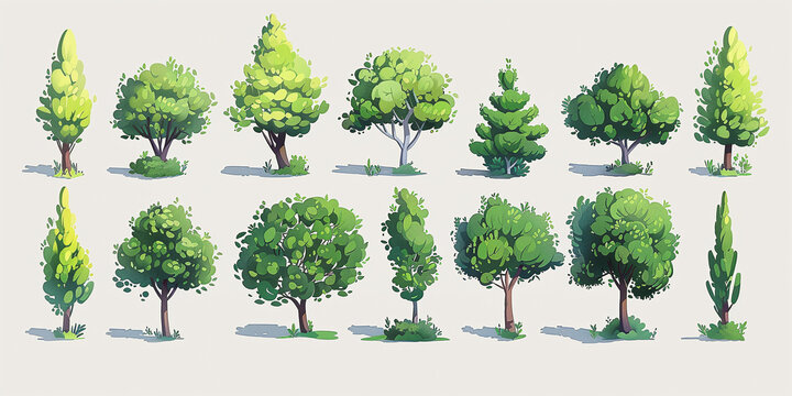 Collection of stylized green trees and shrubs for landscape and environmental design.