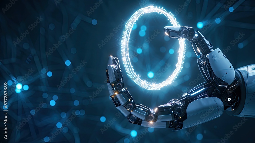 Poster robotic hand holding a circular element, showcasing ai and machine learning innovation, with copy sp