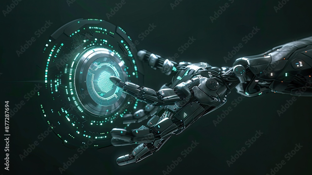 Poster robotic hand holding a circular element, showcasing ai and machine learning innovation, with copy sp
