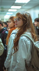 Fototapeta premium Medical university students in corridor, daytime, group of young adults learning, backpacks, focused, educational environment, modern campus life, aspiring medical professionals