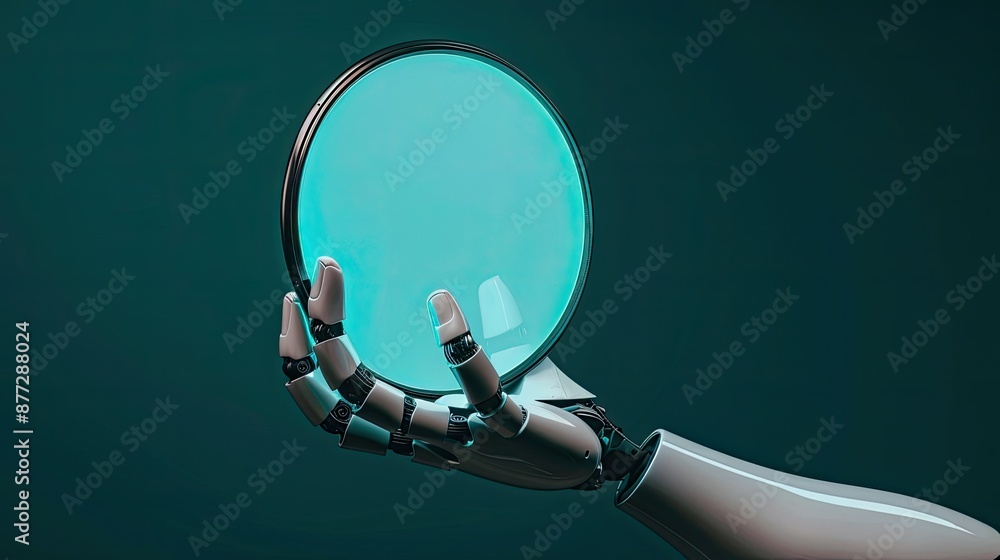 Poster robotic hand holding a round tech element, showcasing artificial intelligence and future innovation,