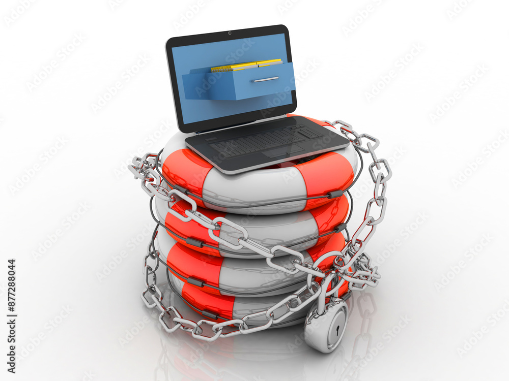 Poster 3d rendering folder on laptop with lock in life belt