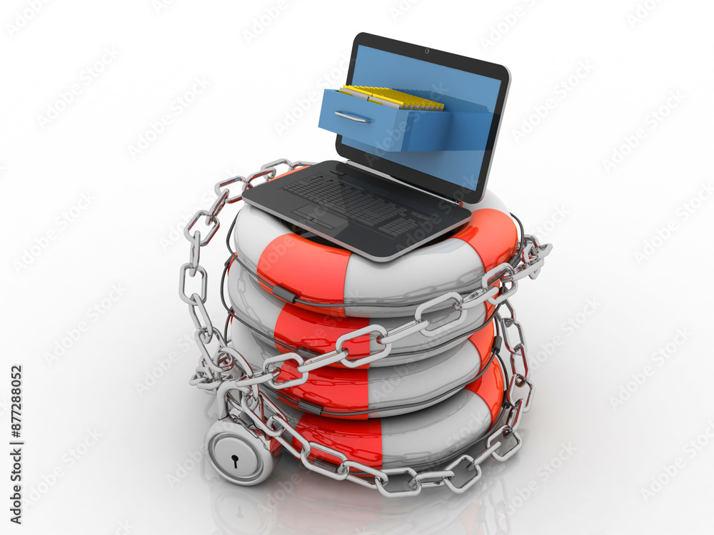 Aufkleber 3d rendering folder on laptop with lock in life belt