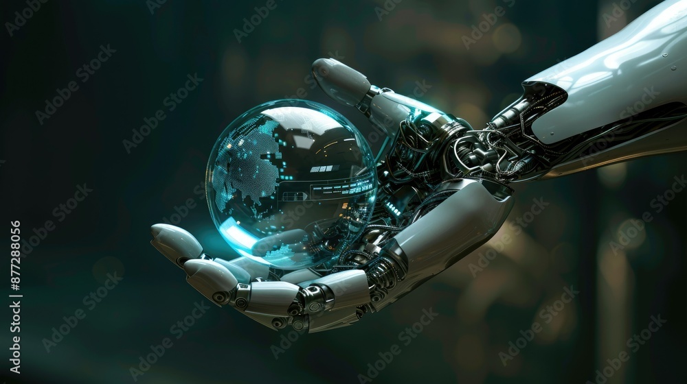 Poster robotic hand holding a round tech element, symbolizing the future of artificial intelligence and inn