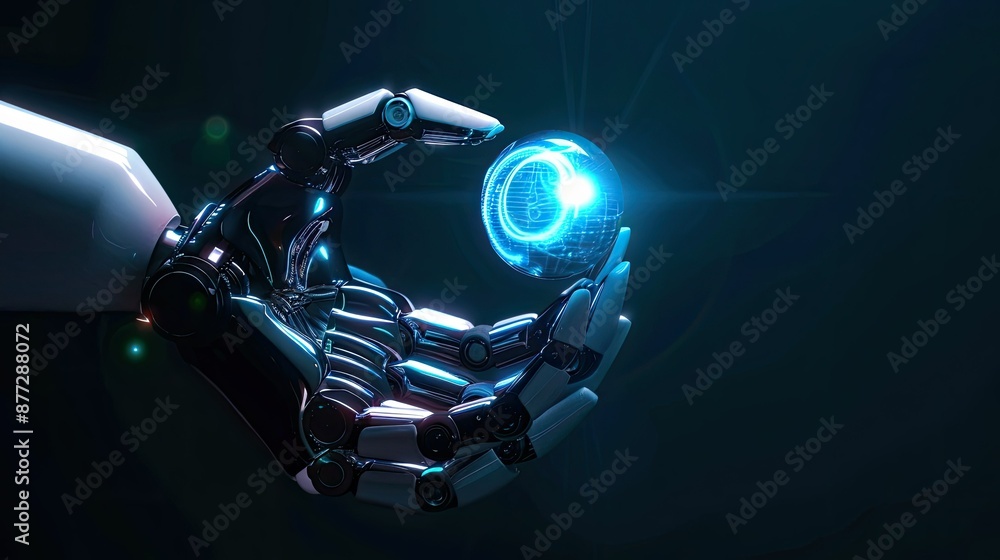 Poster robotic hand holding a round tech element, symbolizing the future of artificial intelligence and inn