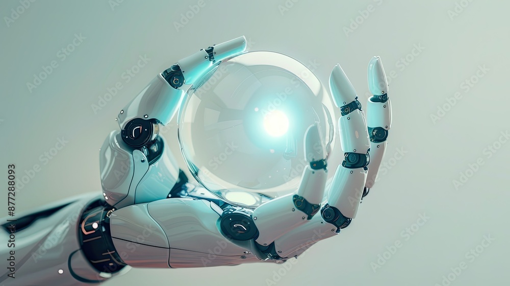 Poster robotic hand holding a round tech element, symbolizing the future of artificial intelligence and inn