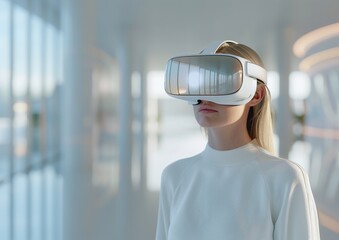 Young Woman Exploring Virtual Reality in Minimalist Futuristic Office Room