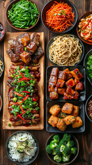 Fototapeta premium Assortment of Chinese Cuisine on Wooden Table with Various Dishes and Fresh Ingredients, Vibrant and Colorful Display of Authentic Asian Food during Meal Time