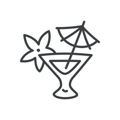 Cute cocktail glass icon. Hand drawn monochrome illustration of a cocktail decorated with a flower and a paper umbrella isolated on a white background. Kawaii sticker. Vector 10 EPS.