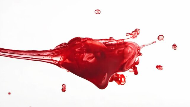 Vibrant red liquid splashes and swirls against a clean white backdrop, captured in slow motion for a dynamic and artistic effect. Fluid motion in high definition