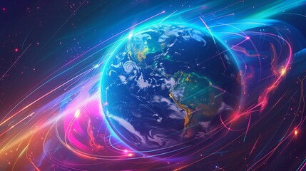 Fototapeta premium A vibrant illustration of Earth from space, wrapped in glowing light lines, the planet s colors bright and vivid, light trails forming a network around the globe, the background