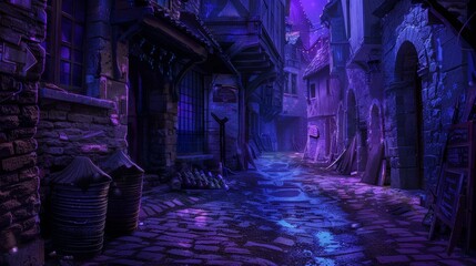 A dark alley between urban buildings with waste bins, trash bags, cardboard boxes, and bright city lights. Illustration of a modern cartoon.