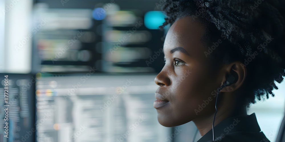 Poster a black female cybersecurity expert coding in data center with digital overlay. concept technology, 