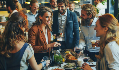 Colleagues Enjoying Casual Catering Discussion Meeting Over Drinks and Food in a Relaxed Business Setting