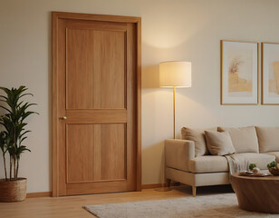 Modern wooden door with two panels in a bright living room interior. Perfect for home decor, renovation, or real estate listings.