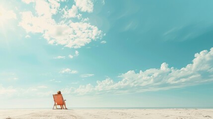 Obraz premium Tiny person relaxing on a giant beach chair, with a copy space in the sky or sand