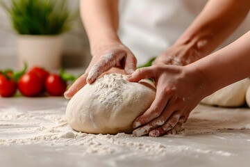 Fototapeta premium Group of Friends Kneading Dough in Modern Kitchen Close up Shot with Copy Space